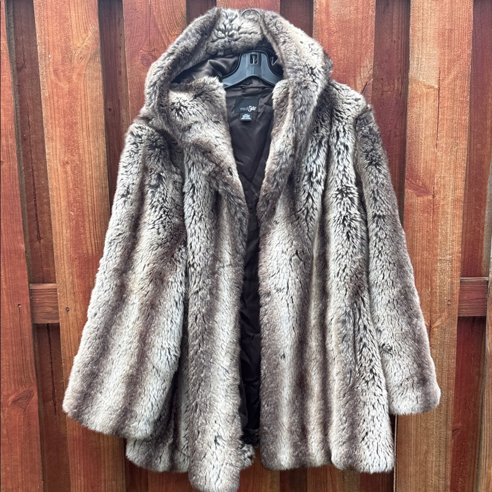 East 5th Hooded Fur Coat Gray Plus Size 3X